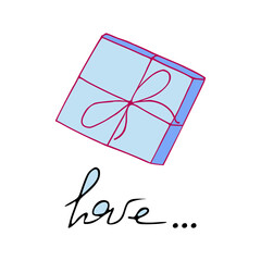 .Template for Valentine's Day holidays.Vector illustration of a template with gift and lettering "love". Use it as a greeting card, an app, a banner design, or even for a website..