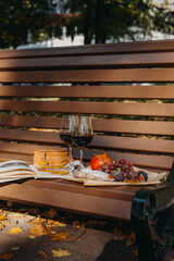 picnic in park for two with glasses of red wine, grapes, figs