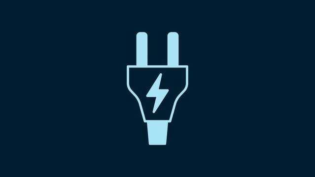 White Electric plug icon isolated on blue background. Concept of connection and disconnection of the electricity. 4K Video motion graphic animation
