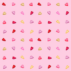 Seamless pattern with hearts, small sweets on a pink background. Valentine's day, birthday, mother's day, wedding, children's party. Design for wallpaper, packaging, wrapper, fabric, textile, card.