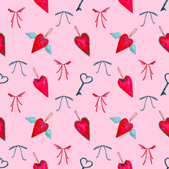 Seamless pattern on a pink background Valentine's day, birthday, mother's day, wedding. Heart, vintage key and bows. Design for wallpaper, packaging, wrapper, fabric, textile, stationery, card.