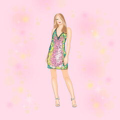 A beautiful young girl in a colored short dress with sequins, sandals and blond hair on a pink background