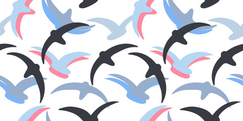 Abstract pattern with birds, vector seamless pattern in the style of doodles, hand drawn