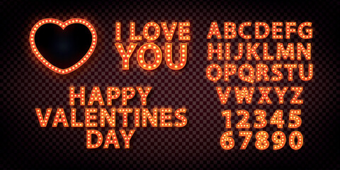 Vector set of isolated retro marquee signs of Valentine's Day with neon alphabet font and heart billboard on the wall background. Concept of Happy Valentine's Day.