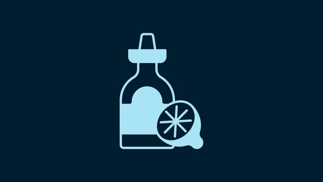 White Tequila bottle with lemon icon isolated on blue background. Mexican alcohol drink. 4K Video motion graphic animation