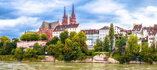Rhine river and Minster cathedral in Basel waterfront panoramic view