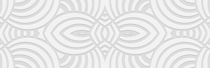 Banner, original cover design. Embossed geometric 3d pattern on a white background, paper press, art deco. Tribal ethnic traditions, ornaments with handmade elements, texture in boho style.