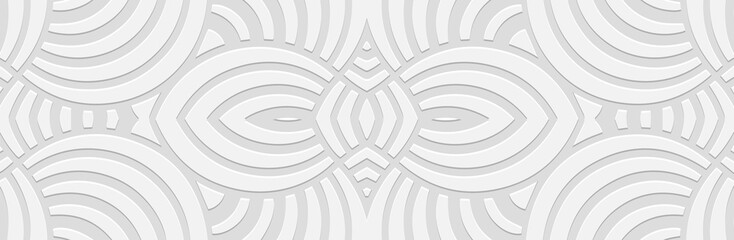 Banner, original cover design. Embossed geometric 3d pattern on a white background, paper press, art deco. Tribal ethnic traditions, ornaments with handmade elements, texture in boho style.