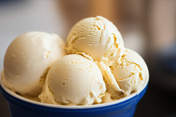 Variety of ice cream scoops in cones with chocolate and vanilla. IA Tehnology