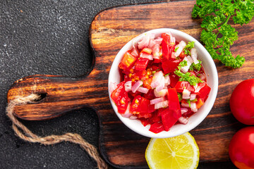 tomato salad salsa spicy food fresh meal snack on the table copy space food background rustic top view
