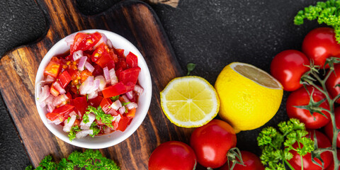tomato salad salsa spicy food fresh meal snack on the table copy space food background rustic top view