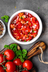 tomato salad salsa spicy food fresh meal snack on the table copy space food background rustic top view