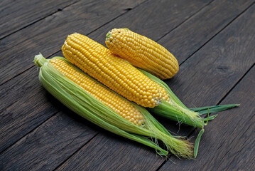 Close up view of raw corn cobs on wooden surface