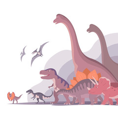 Group of dinosaurs. T rex, brachiosaurus, pteranodon and triceratops. Jurassic animals. Children toys, attraction and entertainment park. Cartoon illustration isolated on white background © Mikhail