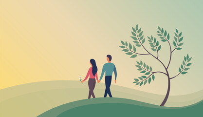 Young man and woman walking on the background of nature. Summer green tree and grass. Love, romance and family happiness. Design for poster, banner, website. Flat illustration