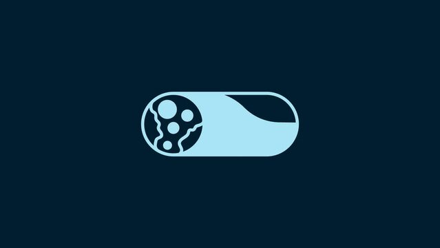 White Burrito icon isolated on blue background. Traditional mexican fast food. 4K Video motion graphic animation