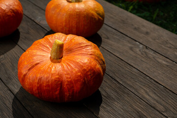 Close up view of cut pumpkin on wooden surface and nature background. Copy space