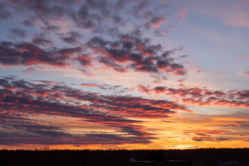 Fototapeta na wymiar Sunset sky. Yellow sky with purple clouds