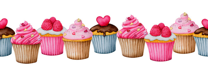 Seamless garland of cupcakes. Watercolor border for the design of cards, invitations, greetings, menus, fabric prints, banners. Clipart for Valentine's Day, birthday, children's holiday.
