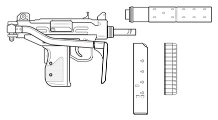 Vector illustration of the MICRO UZI israel machine gun with folded stock and equipment such as a magazine, cartridges and silencer on the white background. Right side. - obrazy, fototapety, plakaty