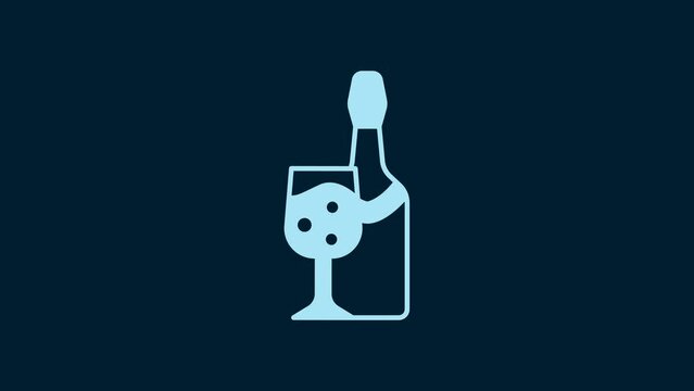 White Champagne bottle with glass icon isolated on blue background. 4K Video motion graphic animation