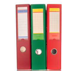 Three binder folders, macro, isolated on white background.