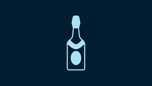 White Champagne bottle icon isolated on blue background. 4K Video motion graphic animation