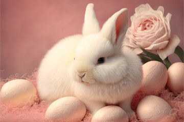 Obraz na płótnie Canvas cute easter bunny and eggs and roses. Generative AI