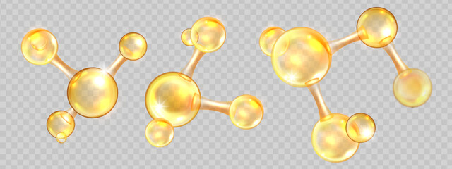 Gold oil molecule set, jojoba nano 3D cell, collagen yellow ball, vector bio abstract medical icon. Beauty science skin care molecular concept, natural bubble kit. Gold molecule atom illustration - obrazy, fototapety, plakaty