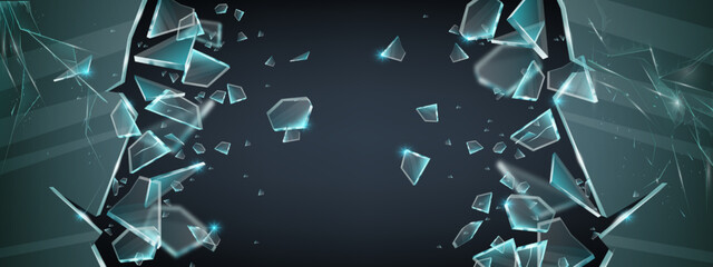 Broken glass 3D vector shatter explosion fragments, sharp ice splinters on transparent background. Danger flying crystal piece, destroy windshield smithereens concept. Broken glass realistic clipart