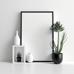 frame mock up with white shelf and minimalist plant decoration. Generative AI