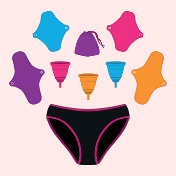 Collection de protections hygi&eacute;niques pour les r&egrave;gles lavables et r&eacute;utilisables : cup menstruelle, serviettes lavables, culotte de r&egrave;gle