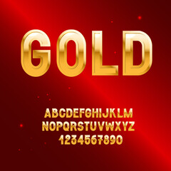 Golden alphabet. 3d Metallic font. Shiny letters and numbers.