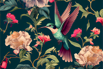 Chinoiserie hummingbird pattern ai art - obrazy, fototapety, plakaty