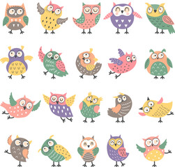 Naklejka premium Owl birds. Flying decorative boho style birds in action poses recent vector funny characters