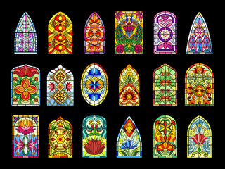 Stained glass windows. Decorative colored frames transparent glasses for church cathedral medieval windows recent vector templates - obrazy, fototapety, plakaty