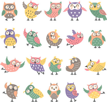 Owl birds. Flying decorative boho style birds in action poses recent vector funny characters