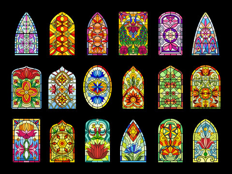 Stained glass windows. Decorative colored frames transparent glasses for church cathedral medieval windows recent vector templates