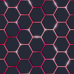 Abstract black hexagon tiles seamless pattern with shiny flares on red background. Modern technology luminous cells texture. Vector glowing game hexagon background.