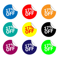 17 percent offer set of colorful sale stickers
