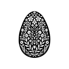 Easter Floral Egg Icon. Abstract Flowers in Egg Silhouette. Vector Linocut object isolated on white background. Ester Egg hunter design for greeting card, banner, print. Spring icon floral decor.