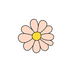 Retro Groovy Flower Element, Daisy flat icon in doodle style. Cute Hand Drawn Hippy Flower inspirited by 70s years. Vintage vector illustration isolated on white background. Floral for poster, print.