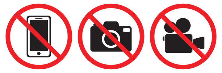 Prohibited symbol sign set , no photography, no video, do not use the phone, prohibit icon logo collection. Vector illustration image. Isolated on white background.