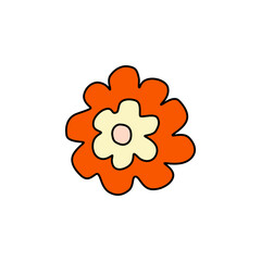 Retro Groovy Flower Element, Daisy flat icon in doodle style. Cute Hand Drawn Hippy Flower inspirited by 70s years. Vintage vector illustration isolated on white background. Floral for poster, print.
