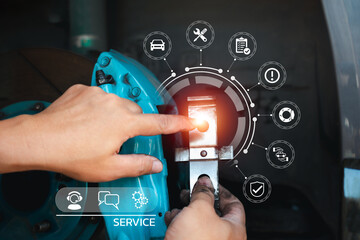 Car service and maintenance concept with customer service icon, Serviceman holding part of car...