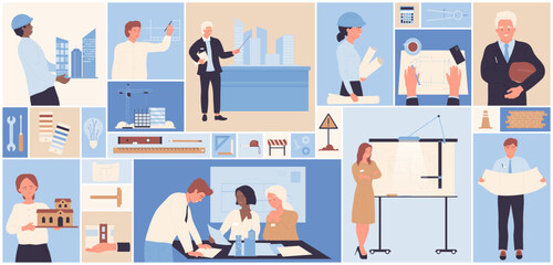 Cartoon team of people with blueprint model of houses and tools in square collage background. Architecture concept. Architects and engineers work on construction projects set vector illustration.