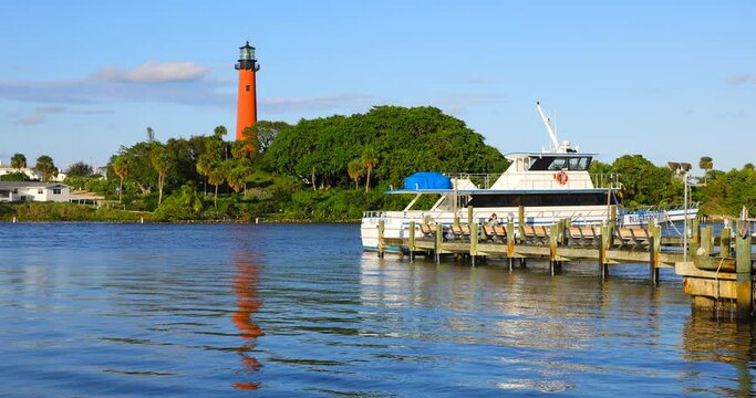 View to the Jupiter lighthouse on the north side of the Jupiter Inlet at sunset.