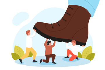 Problems of dictatorship, people under big shoe vector illustration. Cartoon giant foot of boss or dictator crushing group of tiny corporate office workers, teamwork of employees in opposition