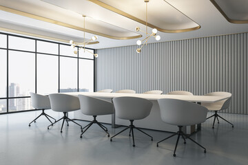 Perspective view on huge empty meeting table surrounded by white modern chairs in conference room with minimalistic interior design and city view from panoramic window on background. 3D rendering