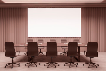 Front view on blank white poster on slatted wall background in spacious conference room with big meeting table surrounded by dark chairs. 3D rendering, mock up